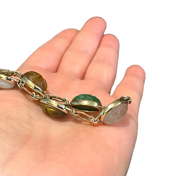 Vintage 10K Gold Filled Egypt SCARAB carved stone bug link bracelet - Picture 9 of 10